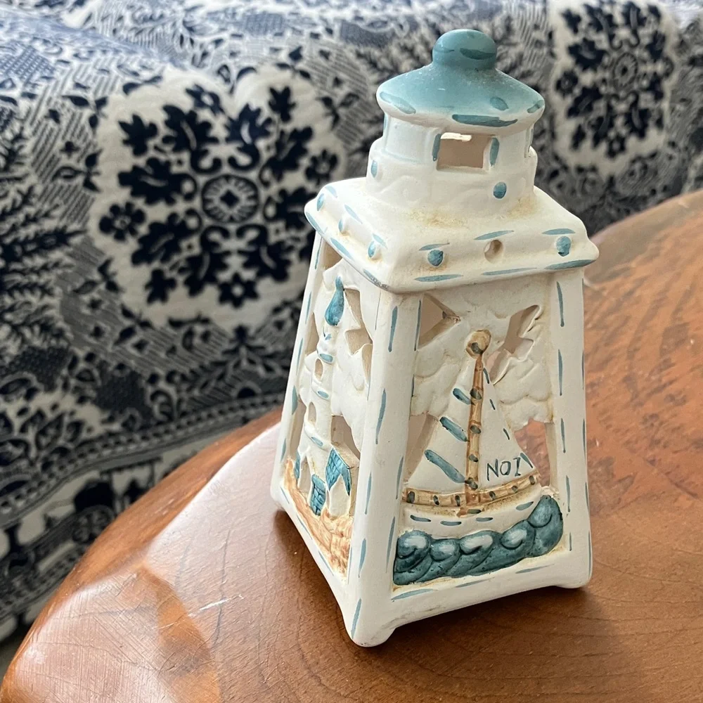 Vintage Nautical Ceramic Lighthouse/Sailboats Tealight LUMINARY White & Blue